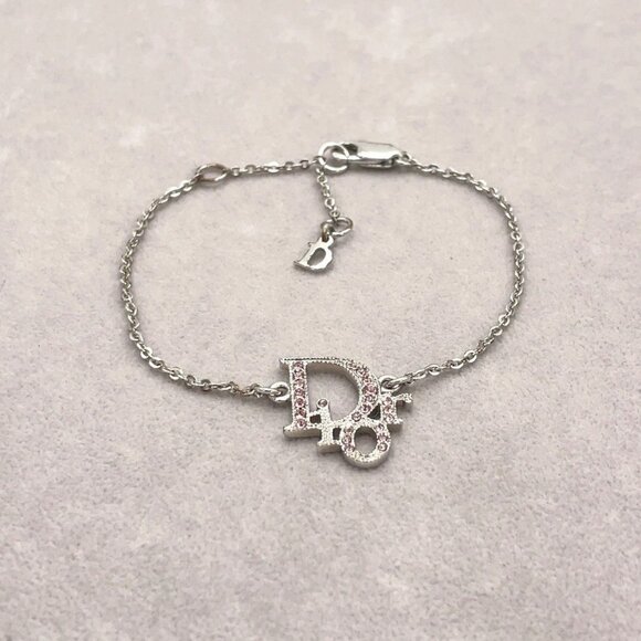 Auth Christian Dior CD Logo Pink Rhinestones SV Bracelet - Picture 1 of 10